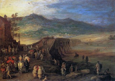 Viajantes na Ponte de Talavera, 1610 (óleo sobre cobre) de Jan the Elder Brueghel